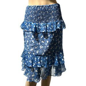Majorelle Blue White Ditsy Floral Skirt Size XL Ruffle Smocked Waist Bellow Knee